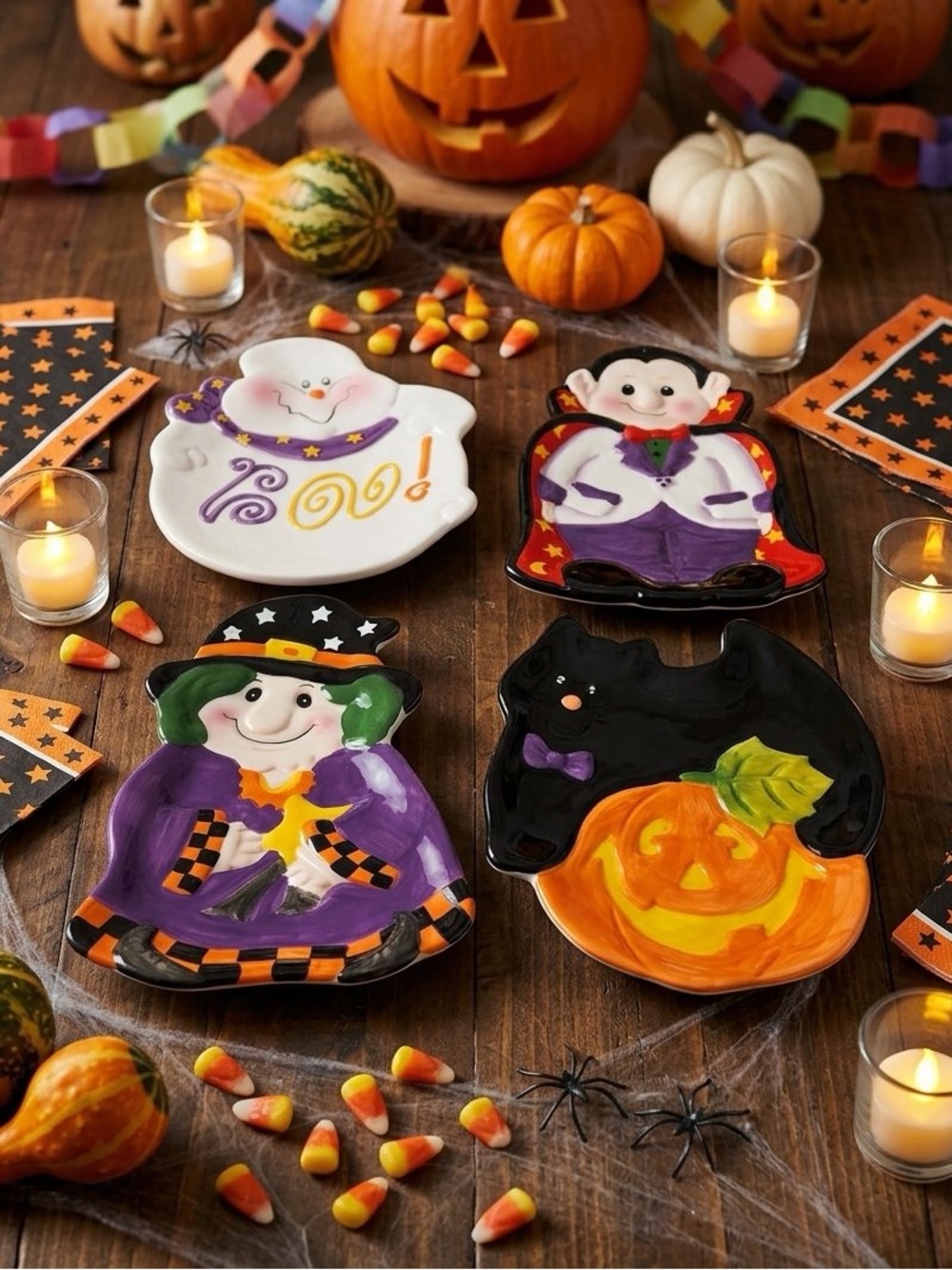 Vintage CBK Ltd Ceramic Halloween Snack Plates Set of 4 Ghost Witch Dracula Cat